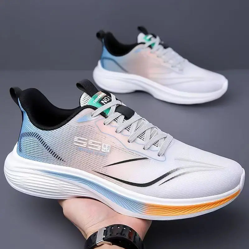 Men's Easy-Breathe Running Sneakers in white and blue, designed for optimal comfort and performance.