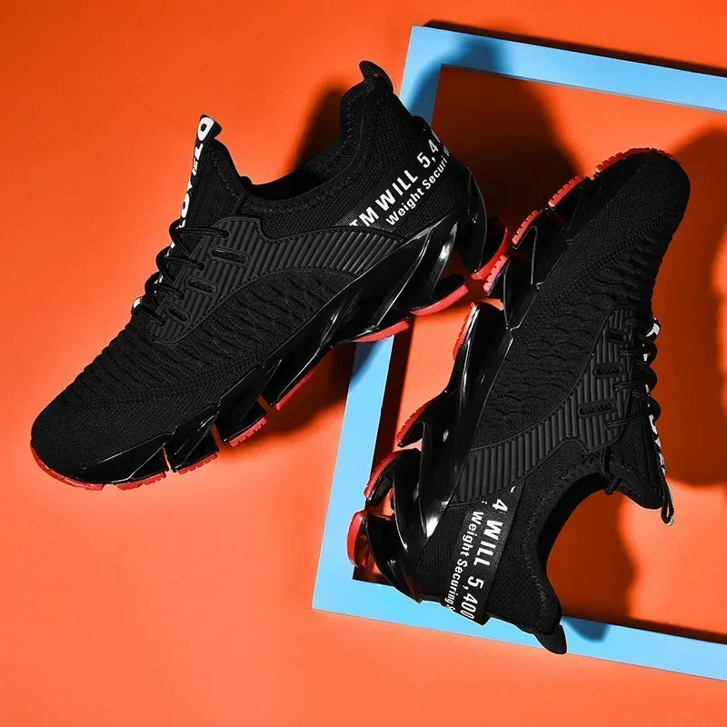 BreezeStride Men's Running Shoes in black with red accents, stylish and comfortable for runners.