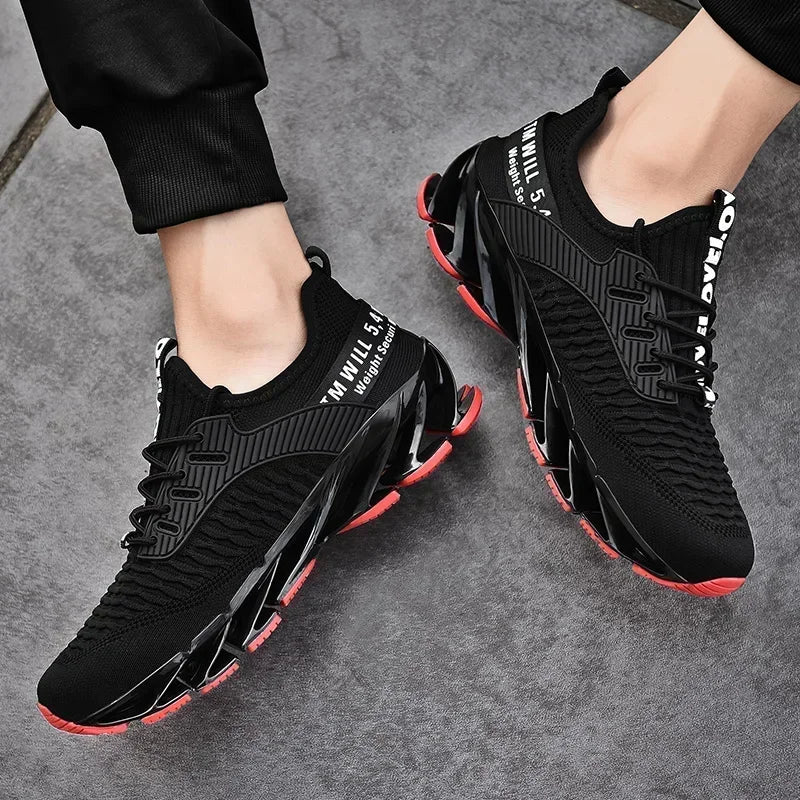BreezeStride Men's Running Shoes featuring a sleek black design with red accents and stylish detailing.