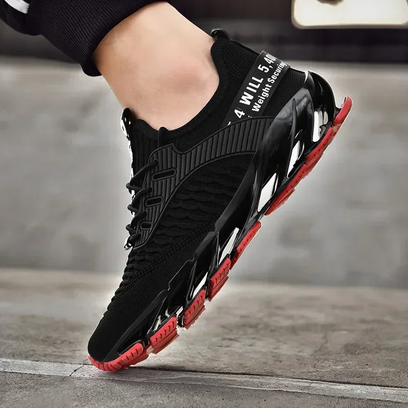 BreezeStride Men's Running Shoes in black with red soles, perfect for athletic performance and comfort.
