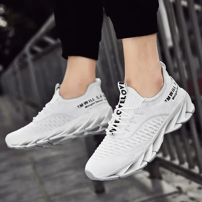 BreezeStride Men's Running Shoes in white, showcasing comfort and style for runners.