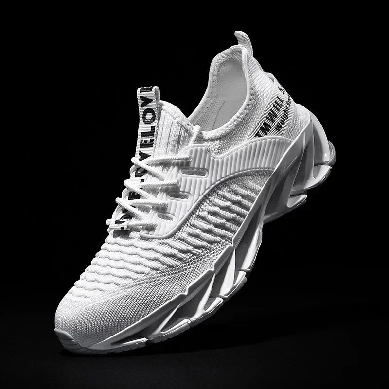 BreezeStride Men's Running Shoes in sleek white design with modern features and comfortable fit.